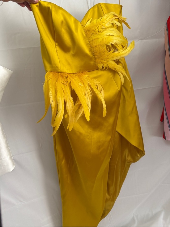 Fashion Nova Dresses & Skirts - Fashion Nova Strapless Satin Feather Cocktail Dress in Yellow